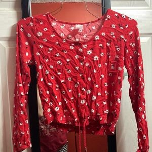 Red flowed long sleeve crop top